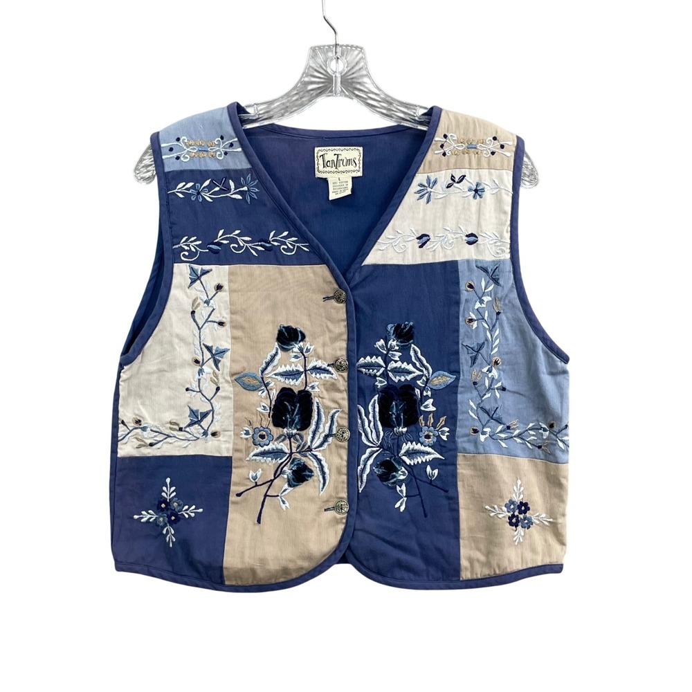 TanTrums Patchwork Vest Womens Large Blue Floral Embroidered Cotton Boho Vintage